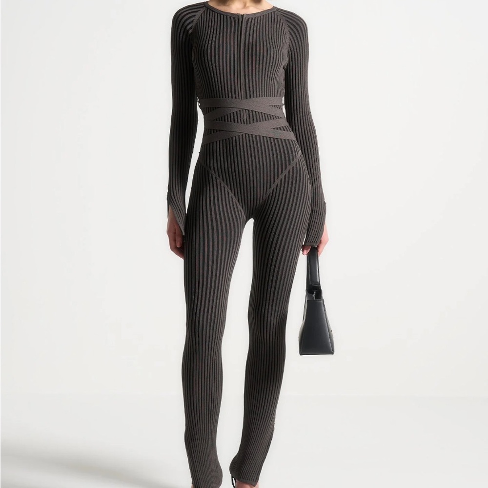 Maniere De Voir Black Ribbed Jumpsuit with Long Sleeves and Fitted Waist